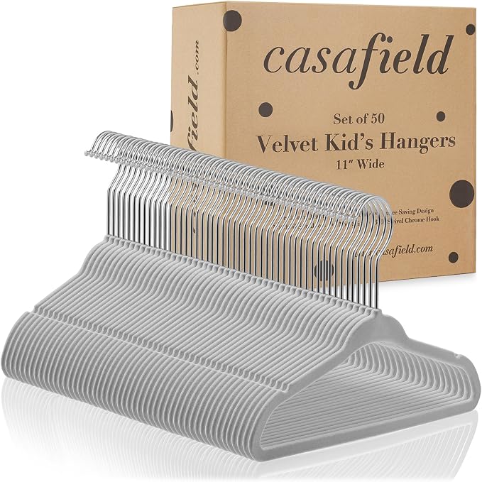 Casafield 50 Velvet Baby Hangers - 11" Size for Infant & Toddler Clothes - Gray