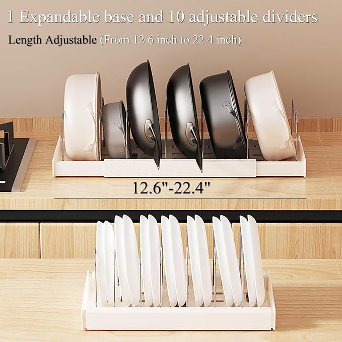 Pots and Pans Organizer Under Cabinet 10 Adjustable Dividers Expandable Pot Pan Lid Holder Organizers Rack inside Cabinet for Kitchen Storage Cookware, Cutting Boards, Lid, Dishes,White