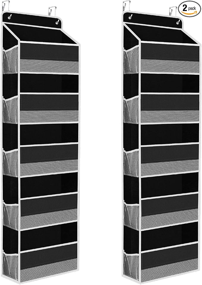 SpaceHacks 2 Pack Over The Door Organizer, Hanging Storage Organizer with Clear Window, 40lb Ultra Sturdy Large Capacity Room Organizer for Pantry Laundry Bathroom Nursery Closet (Black)