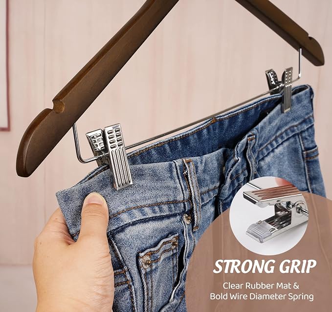 Wooden Clothes Hangers with Clips, 16Pack Wood Skirt Hangers with Clips, High-Grade Selected Walnut Wood Hangers with Sturdy Metal Clips for Pants, Suit, Heavy Winter Coat, Jacket, Formal Dress
