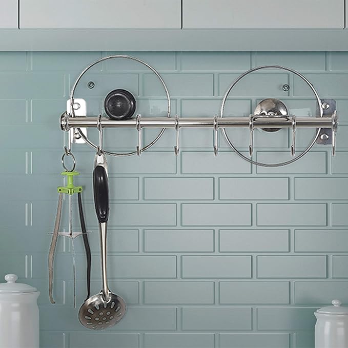 Dseap Pot Rack - Pots and Pans Hanging Rack Rail with 8 Hooks, Double Bars, Pot Hangers for Kitchen, Wall Mounted, Chromed, Pack of 2