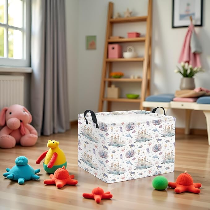 Rectangular Kids Storage Basket Boys for Home Kitchen Girls Cute Storage Bin Organizer Shelf Book Room Decor(Sea Castle)