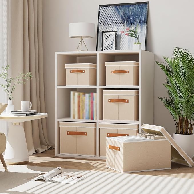 Storage Boxes with Lids, 10.2×7.8×6.7 Inch Storage Baskets, Closet Organizers for Shelves Organizing with Handles, Beige, 5-Pack