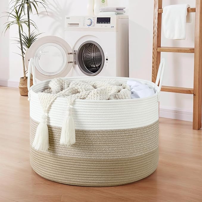 67L Large Woven Blanket Basket, Cotton Rope Baby Laundry Hamper with Handles, Kids Toy Basket for Classroom & Nursery, Soft Round Stuffed Animal Storage, Dog Toy Bin - 20"x13", Gradient Brown