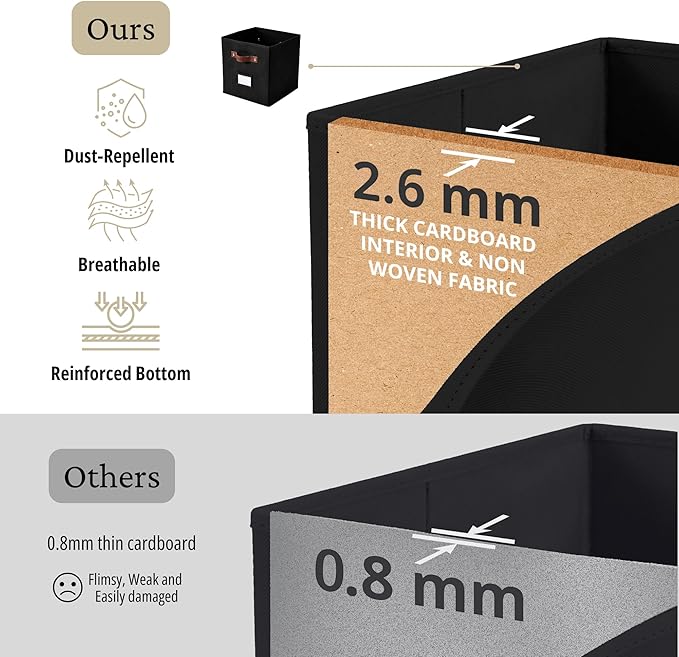 DECOMOMO Storage Bins, Cube Storage Bin with Labels | 10.5" x 11" Fabric Storage Cubes for Shelves (6pcs, Black)