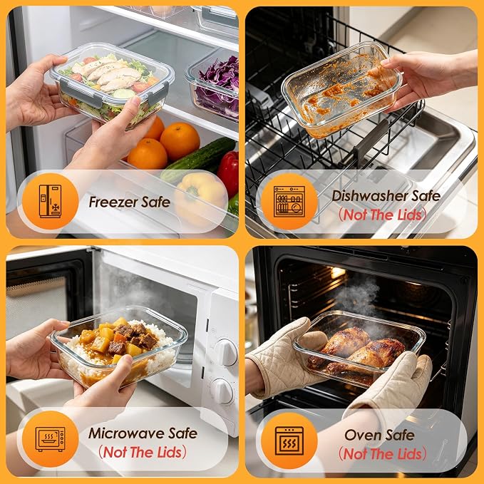5 Pack 36oz Glass Storage Containers with Lids, Glass Meal Prep Food Container Sets with Snap Airtight Lid for Microwave, Oven, Freezer and Dishwasher, Grey