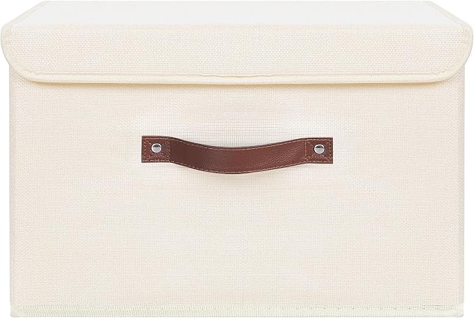 ANMINY 4PCS Storage Bins with Lid PU Leather Handles Storage Boxes PP Plastic Board Decorative Foldable Lidded Cotton Linen Fabric Home Cubes Baskets Closet Organizer Containers - Beige, Large Size