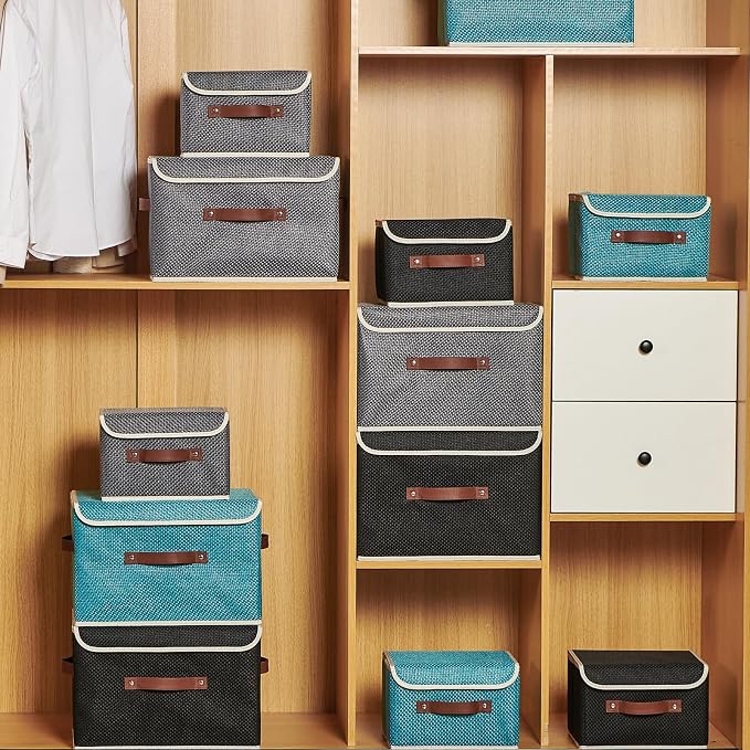 Storage Bins with Lid Fabric Storage Box Basket PU Leather Handle Textured Woven Cotton Linen Decorative Foldable Washable Shelf Closet Organizer Container (Zipper Lid, Black, Large)
