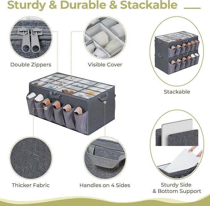 Extra Large Fabric Shoe Organizer for Closet, Fits up to 28 Pairs, Foldable Shoe Storage Bin Containers with Adjustable Dividers and Clear Cover, Grey, 3 Pack