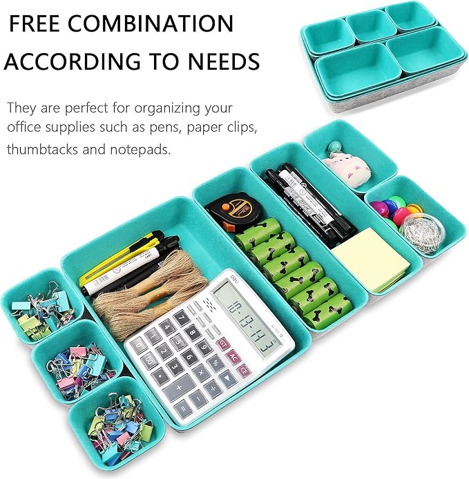 Newthinking Desk Drawer Organiser Trays, 8 Pack Square Organizer Box Stackable Dividers, Save Desk Space Dividers Box for Home Office Cosmetics Storage Boxes (Teal)
