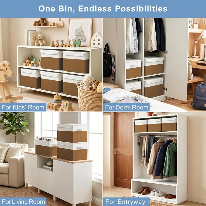 Large 17" 42 Quarts Collapsible Stackable Storage Bins with Lids [3-Pack] Foldable Fabric Linen Storage Boxes Cube, Closet Organizer Baskets with Label for Home (16.7 x 12 x 12", Brown & White)