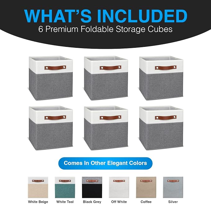 11 Inch Cube Storage Bin - 6 Pack - Linen Fabric 11x11 Cube Storage Bins for Bedroom, Living Room, Clothes and Toys; Foldable, Dual Leather Handles