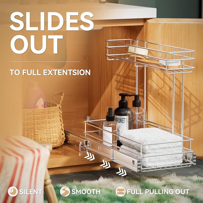 Under Sink Organizer 9"W X18.5"D，Pull Out Cabinet Organizer 2 Tier，Under Sink Slide Out Organizer Chrome Plated, Under Kitchen Bathroom Sink Organizer, Pantry Cabinet Closet Organization Rack, 1 Pack