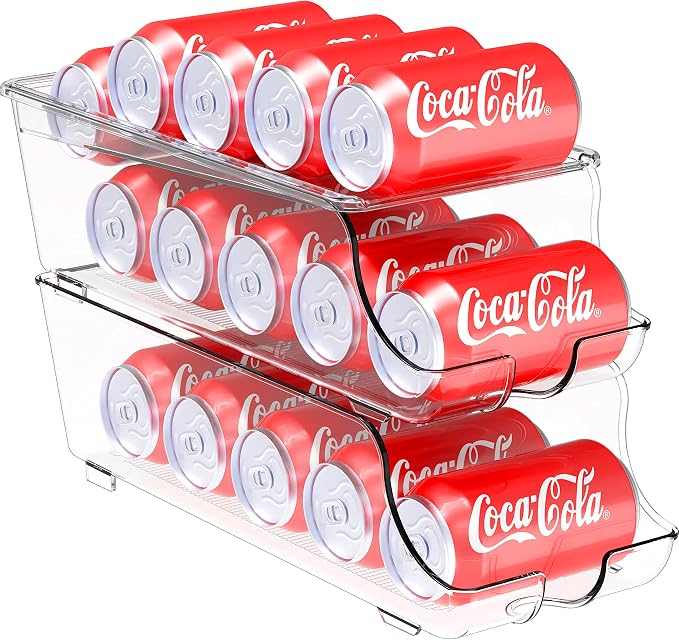 Simple Houseware 2-Pack Auto-Rolling Beverage Can Organizer for Fridge | Clear, Set of 2, Front-Loading Soda Dispenser with Smooth Glide Design, Space-Saving Refrigerator Storage Bins