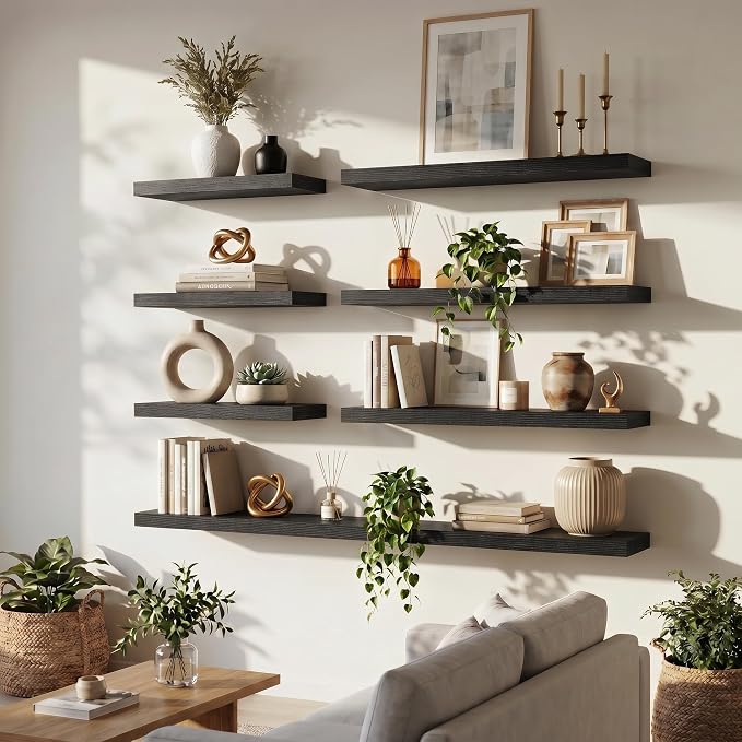 FLYJOE 55 Inch Floating Shelves for Wall Set of 2, 6.5" D Wood Grain Bathroom Shelves with Invisible Brackets, Easy Install Engineered Wood Storage Shelves for Kitchen, Living Room, Bedroom