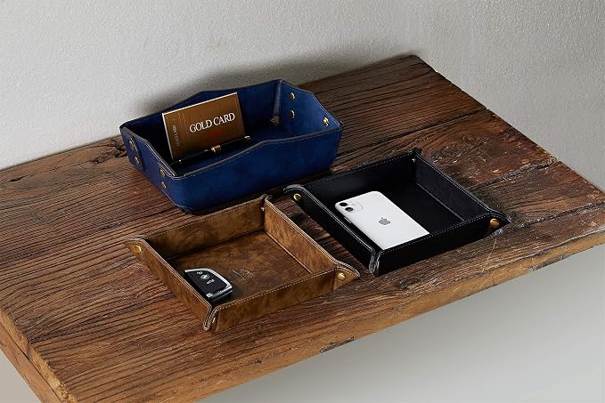 Leather Bedside Storage Tray - Jewelry Organizer for Girl's Key, Wallet, Coin Box - Travel PU Valet Tray (Dark Blue)