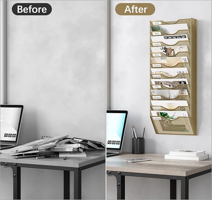 EasyPAG 10 Pocket Mesh Wall File Organizer, Hanging Paper Folder Holder with Classify Label, Vertical Wall Mount Mail Organizer for Office Home Classroom, Gold