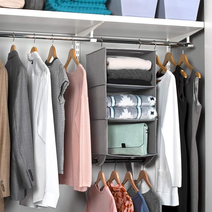 HOLDN’ STORAGE Hanging Closet Organizer with Garment Rod, 3-Shelf | Heavy Duty Hanging Shelves for Clothes, Sweaters & Shoes, 600D Fabric Storage Unit with Built-in Clothing Rod, Grey