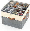Lewondr Shoe Organizer for Closet, Foldable Shoe Storage Box with Adjustable Dividers and Clear Cover, Space Saving Shoes Holder with 4 Handles, Fits up to 16 Pairs, Beige+Gray