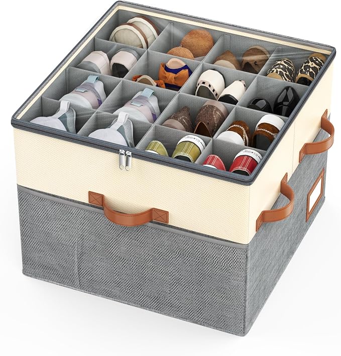 Lewondr Shoe Organizer for Closet, Foldable Shoe Storage Box with Adjustable Dividers and Clear Cover, Space Saving Shoes Holder with 4 Handles, Fits up to 16 Pairs, Beige+Gray