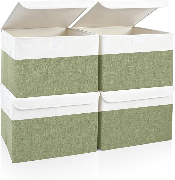 Bagnizer Large 22 Quart Linen Fabric Foldable Storage Bin Cube Organizer Basket with Flip-Top Lid & Handles, Clothes Blanket Box for Home, Office, Closet, Green & White, 4 Pack 14.6 x 9.5 x 9.5