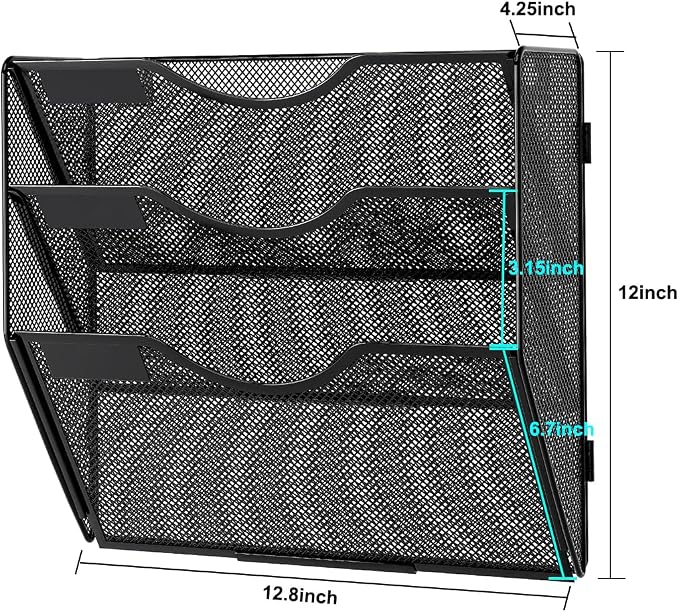 PAG Hanging Wall File Holder, 3 Tier Mail Sorter for Wall, Mesh Office Wall Organizer For Papers/Folders/Files Clipboard & Magazine, Black