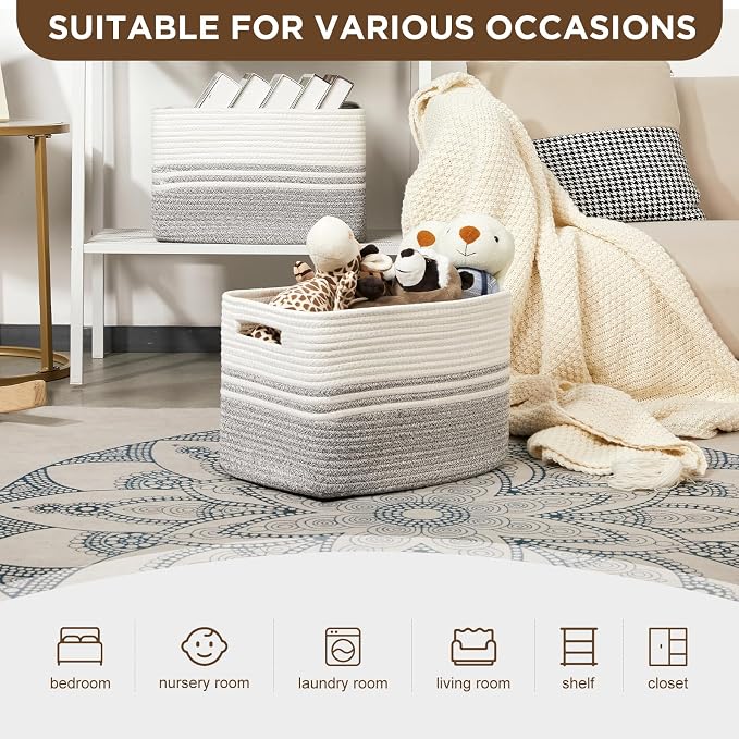 Temary Woven Storage Baskets, Set of 3 Rope Baskets for Storage Clothes, Towels, Versatile Boho Storage Bins (White&Grey, 13"x9.8"x8.5")