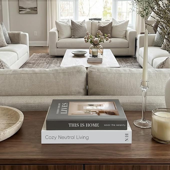 Decorative Books for Neutral Home, Fake Books Storage Boxes for Decoration | Set of 2 Coffee Table Books with Hidden Storage, Stackable Photo Keepsake Box for Living Room Bookshelf Decor, Gray