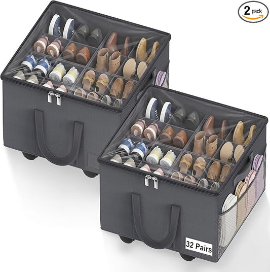 2 Pack Large Shoe Organizer for Closet, 32 Pairs Shoe Storage Box with 360° Wheels & Reinforced Handles, Adjustable Dividers, Clear Cover, Side Pocket, Foldable Oxford Fabric Bin for Entryway, Grey