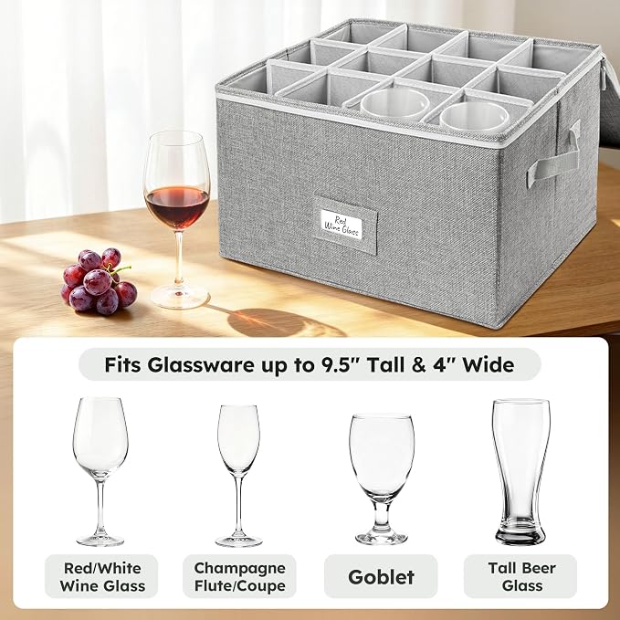 LotFancy Stemware Storage Container, Hard Shell, Stackable Wine Glass Storage Box with Dividers & Handles, Crystal Glassware, Champagne Flute, Drinkware Case for Moving, Grey