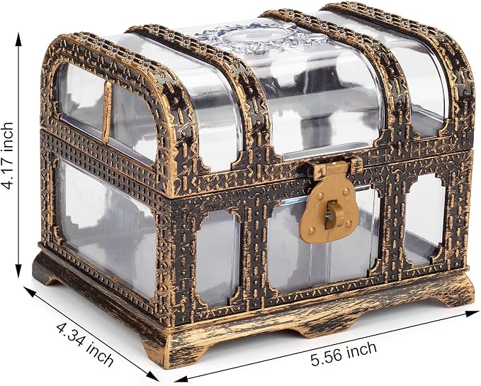 Plastic Transparent Antique Pirate Treasure Box with Lock and Key, Treasure Toy Box Prizes for Kids, Pirate Party Decor