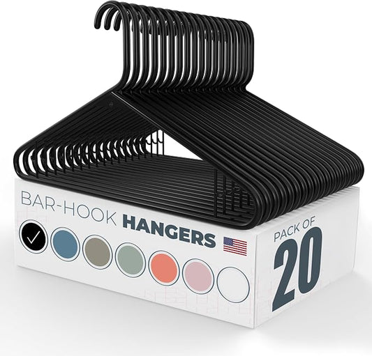 Plastic Hangers 20 Pack – Made in The USA – 6lb Capacity Standard Clothes Hangers with Strap Hooks for Dresses, Lingerie, Shirts, Pants, and Jackets – Black
