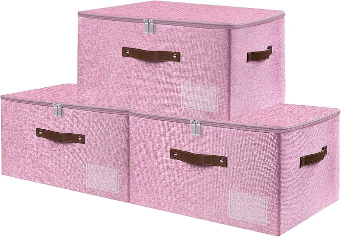 ANMINY 3PCS Storage Bins with Zipper Lid Storage Boxes with Label Holder PU Leather Handles Washable Foldable Decorative Lidded Cotton Linen Fabric Cubes Baskets Closet Organizer - Pink, Large