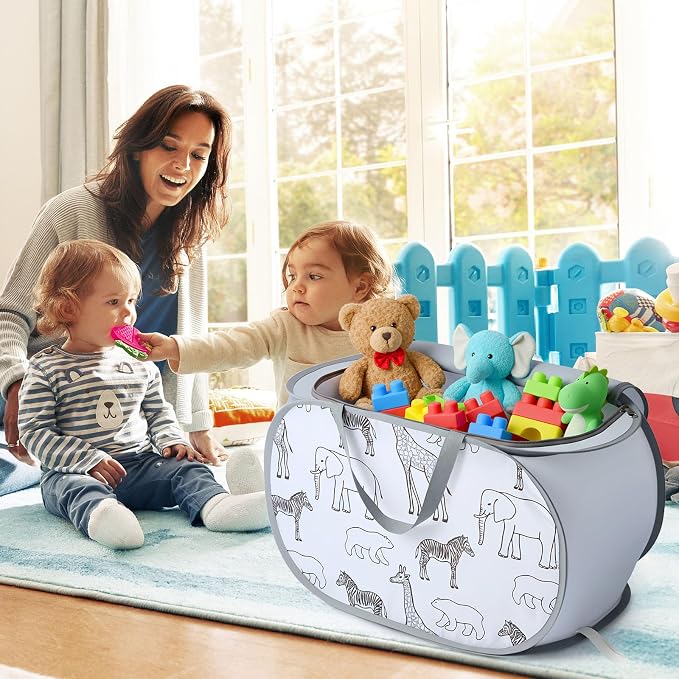 Foldable Toy Storage Basket with Zipper Lid & Handles- Animal Print, Gray | Collapsible Stuffed Animal Organizer Bin, Lightweight Toy Chest, Space-Saving, Sturdy, for Kids Room, Playroom, Living Room