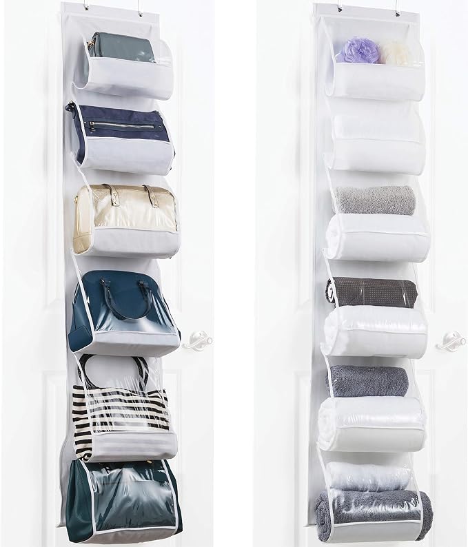 ZOBER Purse Organizer For Closet - Over The Door Purse Organizer W/ 6 Pockets for Easy Purse Storage - Durable Metal Hooks - Purse Rack W/Clear Pockets - White (2 Pack)