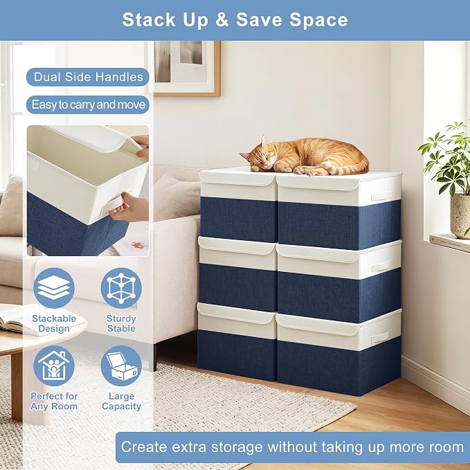 Bagnizer Large 22 Quart Linen Fabric Foldable Storage Bin Cube Organizer Basket with Flip-Top Lid & Handles, Clothes Blanket Box for Home, Office, Closet, Navy Blue & White, 4 Pack 14.6 x 9.5 x 9.5