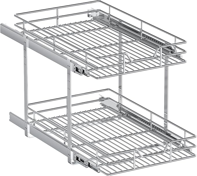 2-Tier Pull Out Cabinet Organizer, 14.5" W x 21.5" D, Heavy Duty Dual Slide Out Shelves for Base Cabinets, Chrome Wire Basket Drawer for Pantry, Kitchen & Bathroom Storage