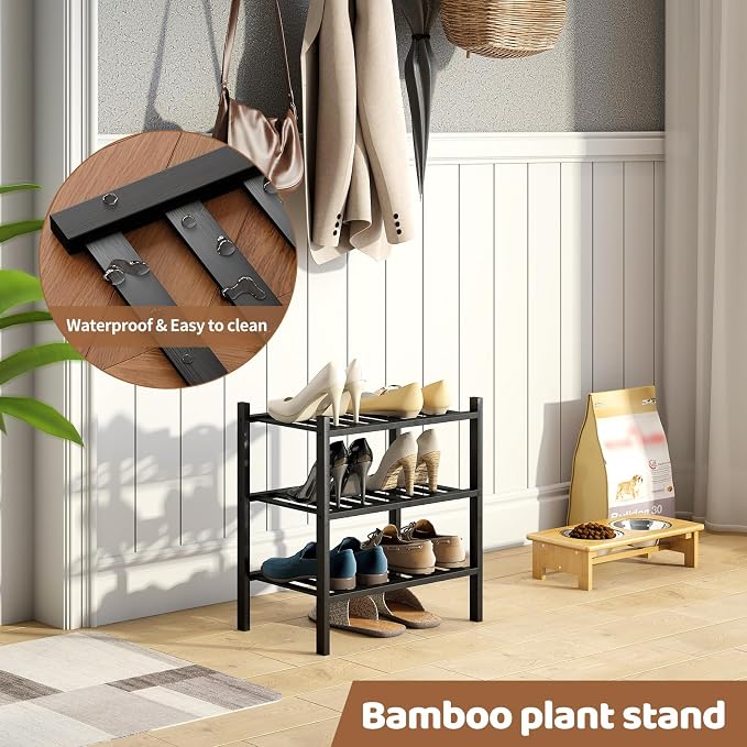 Bamboo Shoe Rack Stackable Shoe Shelf Storage Organizer for Unit Entryway Hallway and Closet Sturdy Freestanding Small Shoe Shelf(3S Tier Black)