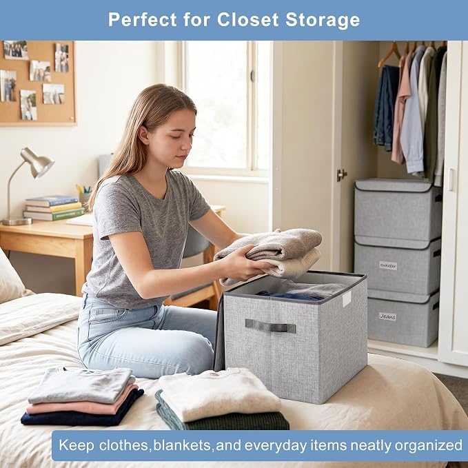 Bagnizer Linen Fabric Foldable Storage Cube Bin Organizer Basket with Flip-Top Lid & Handles, Large Clothes Blanket Box for Home, Office, Closet, Light Gray, 4 Pack 14.6 x 9.5 x 9.5”