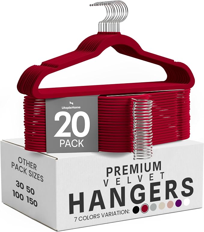 Utopia Home Velvet Hangers, Burgundy, 20 Pack | Luxury Non-Slip Slim Pant & Coat Hangers, Strong Space-Saving Clothes Hangers with Pants Bar and 360° Swivel Hook