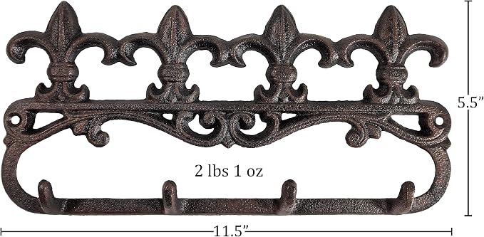 Lulu Decor, Cast Iron Fleur De Lis Key Hook Wall Mount Decorative Hanger Unique, Rustic and Strong (4 Hooks)