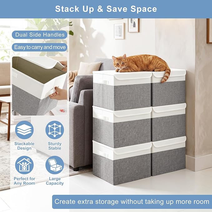 Bagnizer Large 17" 42 Quarts Collapsible Stackable Storage Bins with Lids [3-Pack] Foldable Fabric Linen Storage Boxes Cube, Closet Organizer Baskets with Label (16.7 x 12 x 12, Gray & White)