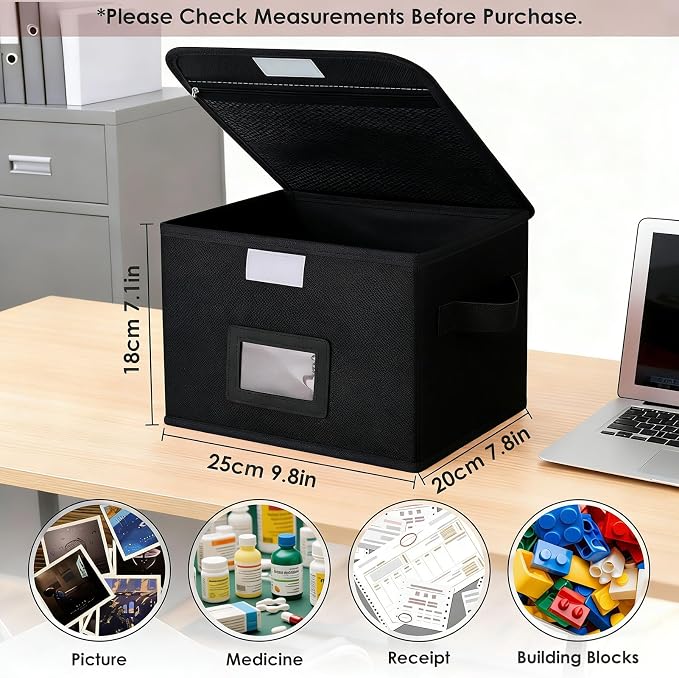 Small Storage Box, Storage Basket with Lid, Foldable Cotton Linen Fabric Keepsake Box, Organizer Container with Zipper for Decorative, Medicine, Greeting Card Organizer. (Black, 1 Pack)