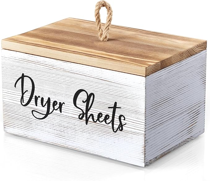 Bivvclaz Dryer Sheet Holder, White Washed Wood Laundry Sheets Container, Laundry Room Organization and Storage for Farmhouse Laundry Room Decor and Accessories, Fabric Sheet Holder