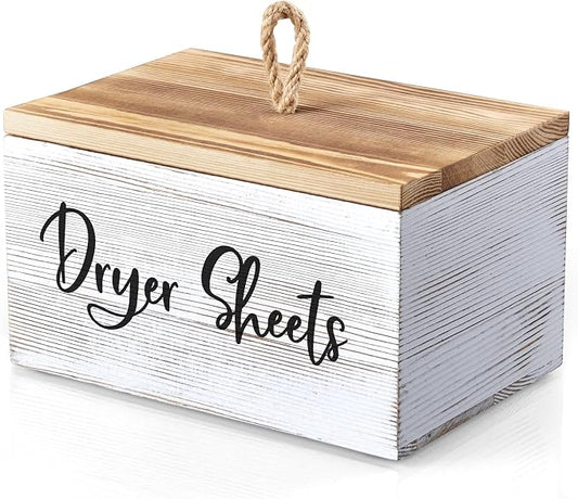 Bivvclaz Dryer Sheet Holder, White Washed Wood Laundry Sheets Container, Laundry Room Organization and Storage for Farmhouse Laundry Room Decor and Accessories, Fabric Sheet Holder