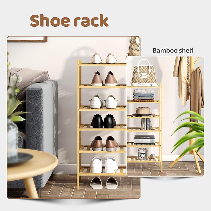 Bamboo Shoe Rack Stackable Shoe Shelf Storage Organizer for Unit Entryway Hallway and Closet Sturdy Freestanding Shelf(6 Tier Natural)