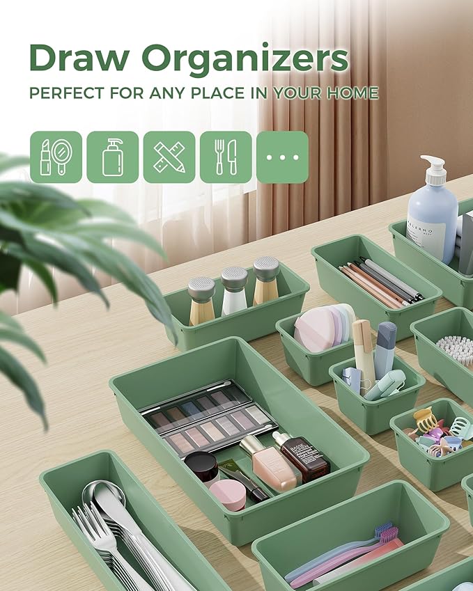 BiuLeon 25 PCS Plastic Drawer Organizers Set, 4-Sizes Vanity and Makeup Organizer, Desk and bathroom Drawer Organizer Trays, Organizers and Storage for Makeup, Jewelry, Gadgets, Utensils (Green)