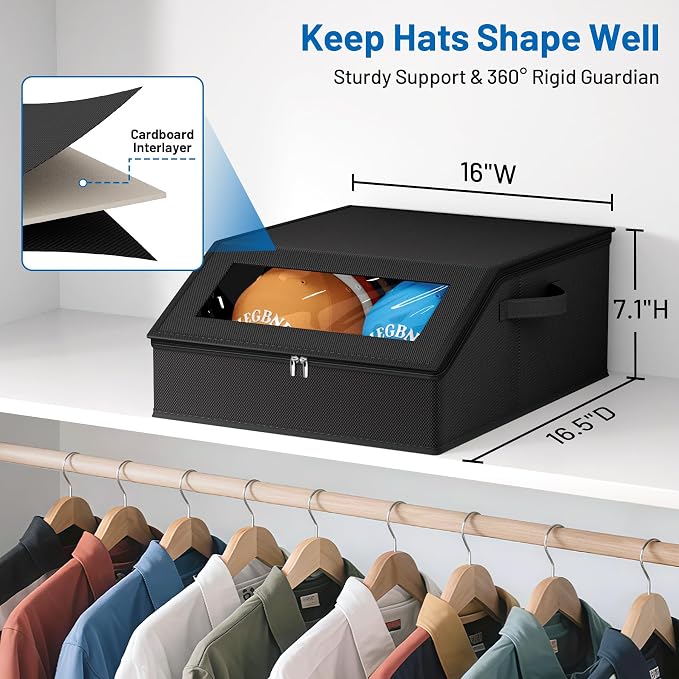 AOODA Sturdy Hat Storage for Baseball Caps, Holds up to 24 Caps Clear Hat Organizer for Closet, Bedroom, Wide Hat Box with Cardboard (Pure black)