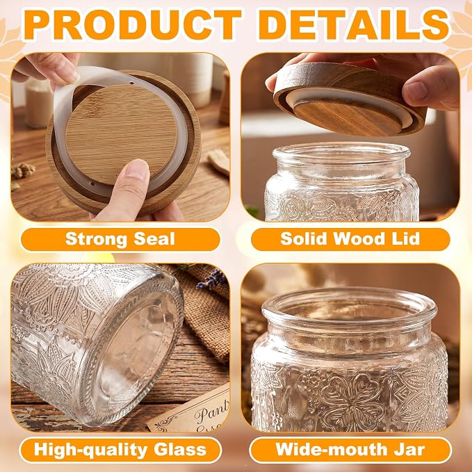 LemonRoad 4 Pcs Vintage Clear Glass Storage Jars 23.7 oz Mason Jar Canister with Wood Lids Food Storage Container for Cookie, Pantry, Candy Kitchen, Coffee, Tea, Flour, Sugar, Decorative Home Decor