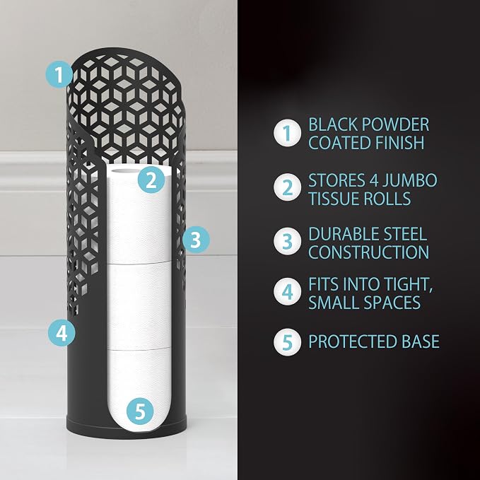 Better Living Rollo Hexacube Toilet Tissue Reserve, Bathroom Paper Storage Holder Stand for 4 Jumbo Rolls, Metal Freestanding Toilet Paper Tissue Roll Holder, No Assembly, Matte Black